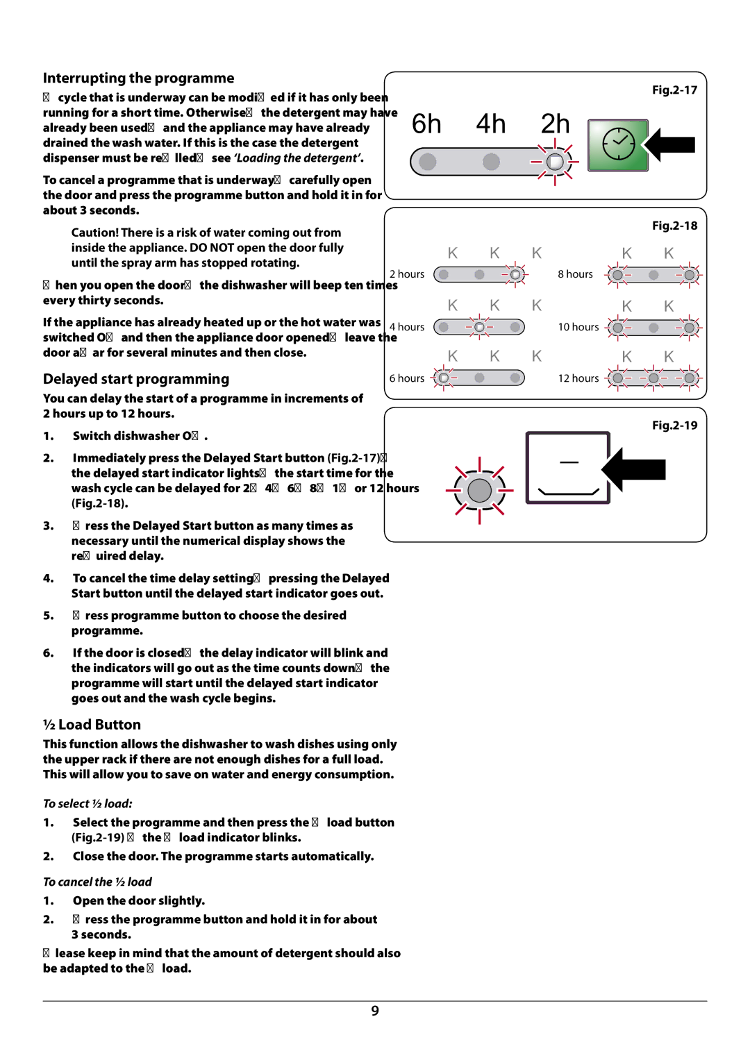 Rangemaster RDW6012FI manual Interrupting the programme, Delayed start programming, ½ Load Button, To select ½ load 