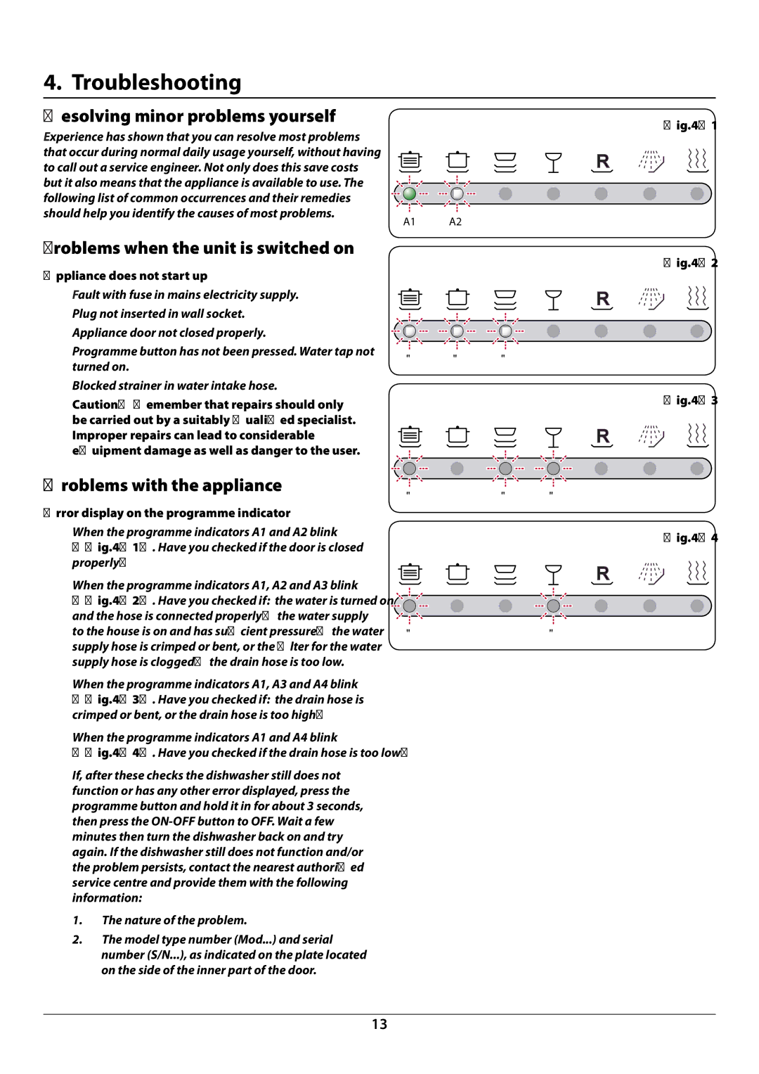 Rangemaster RDW6012FI manual Troubleshooting, Resolving minor problems yourself, Problems when the unit is switched on 