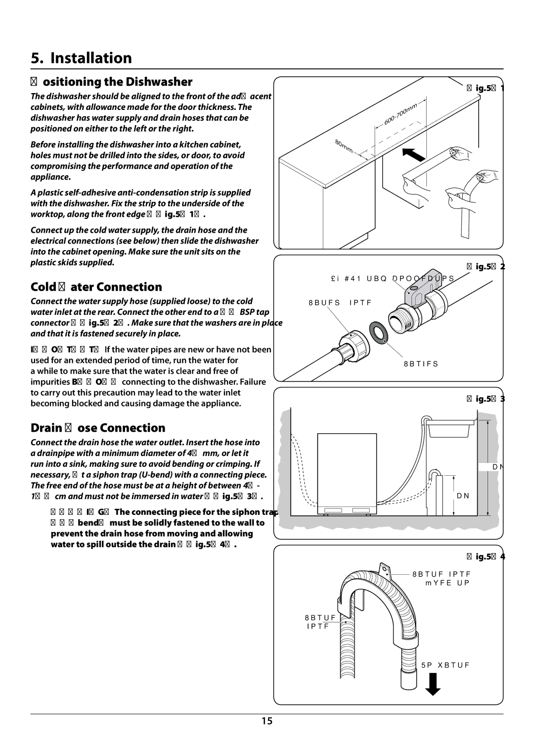 Rangemaster RDW6012FI manual Installation, Positioning the Dishwasher, Cold Water Connection, Drain Hose Connection 