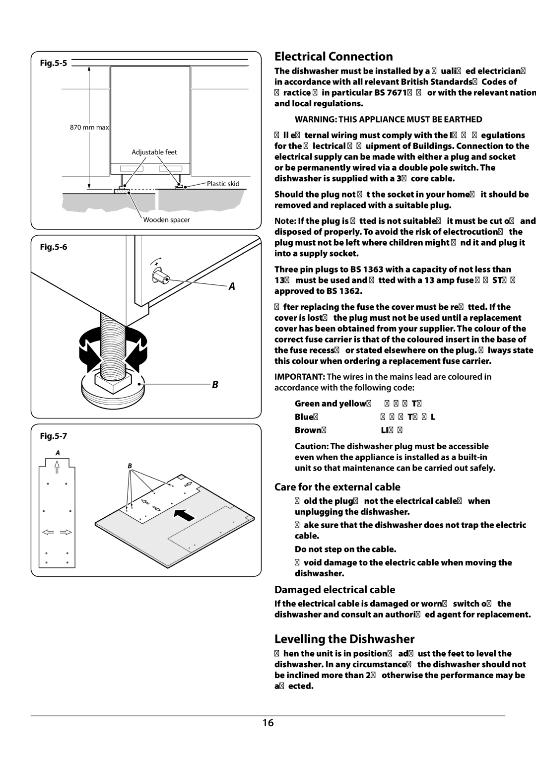 Rangemaster RDW6012FI manual Electrical Connection, Levelling the Dishwasher, Care for the external cable 