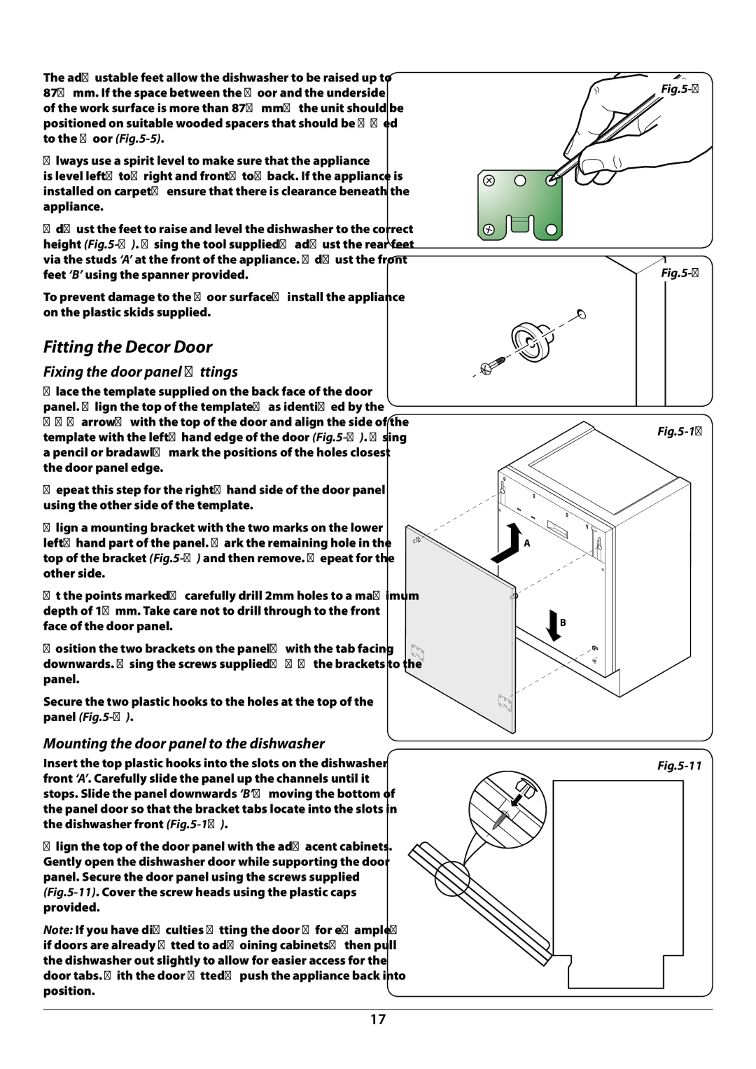 Rangemaster RDW6012FI Fitting the Decor Door, Fixing the door panel ﬁttings, Mounting the door panel to the dishwasher 