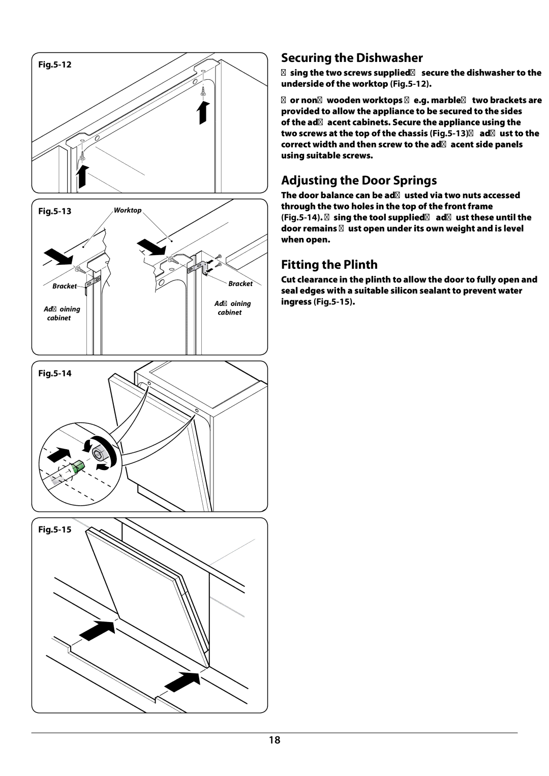 Rangemaster RDW6012FI manual Securing the Dishwasher, Adjusting the Door Springs, Fitting the Plinth 