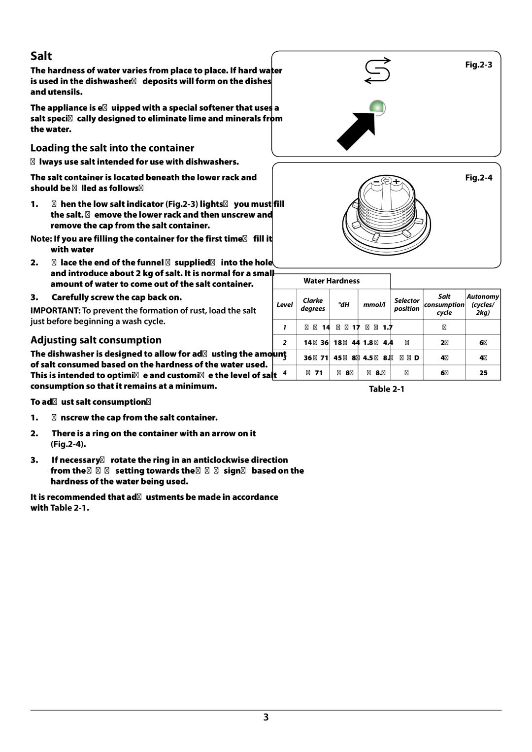 Rangemaster RDW6012FI manual Salt, Loading the salt into the container, Adjusting salt consumption 