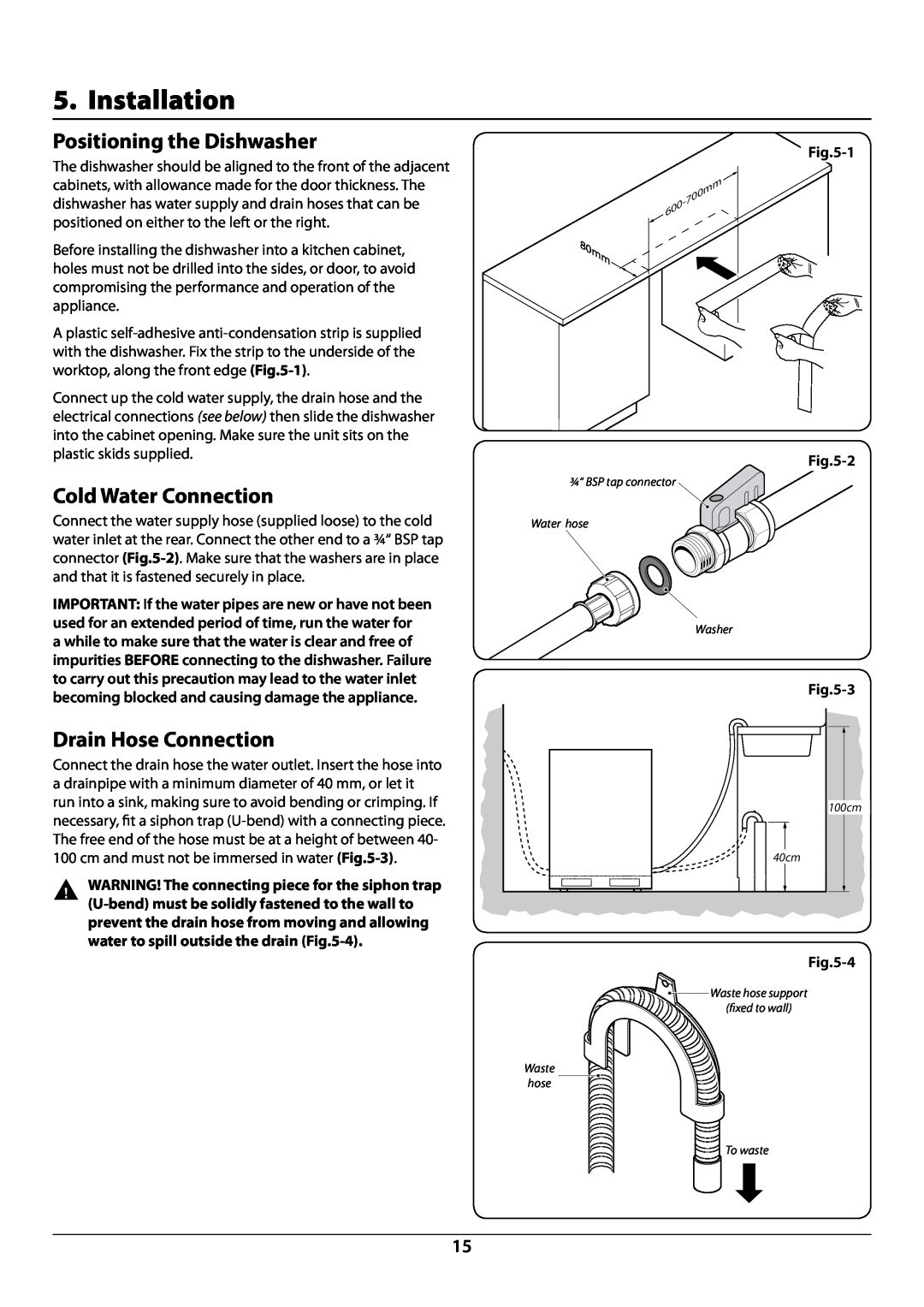 Rangemaster RDW6012FI manual Installation, Positioning the Dishwasher, Cold Water Connection, Drain Hose Connection, 3, 4 