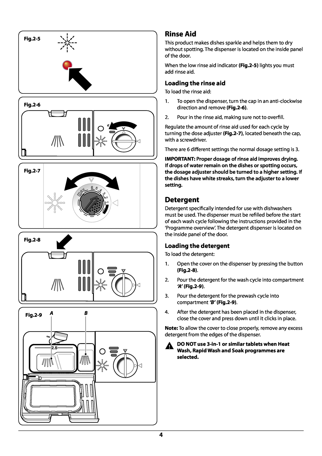 Rangemaster RDW6012FI manual Rinse Aid, Detergent, Loading the rinse aid, Loading the detergent, 5, 7, 8, 9 