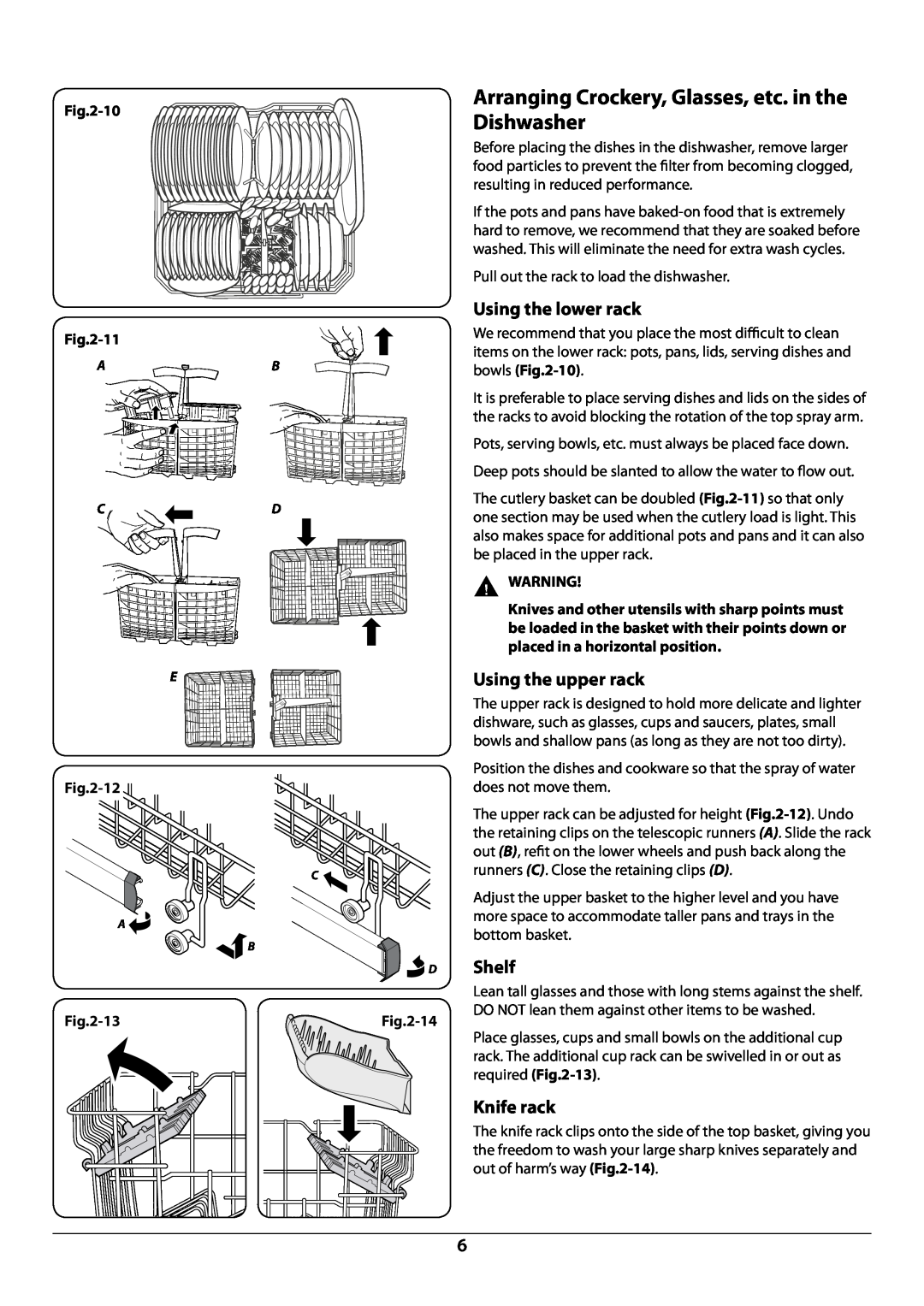 Rangemaster RDW6012FI Dishwasher, Using the lower rack, Using the upper rack, Shelf, Knife rack, 10, 11, 13,  Warning 