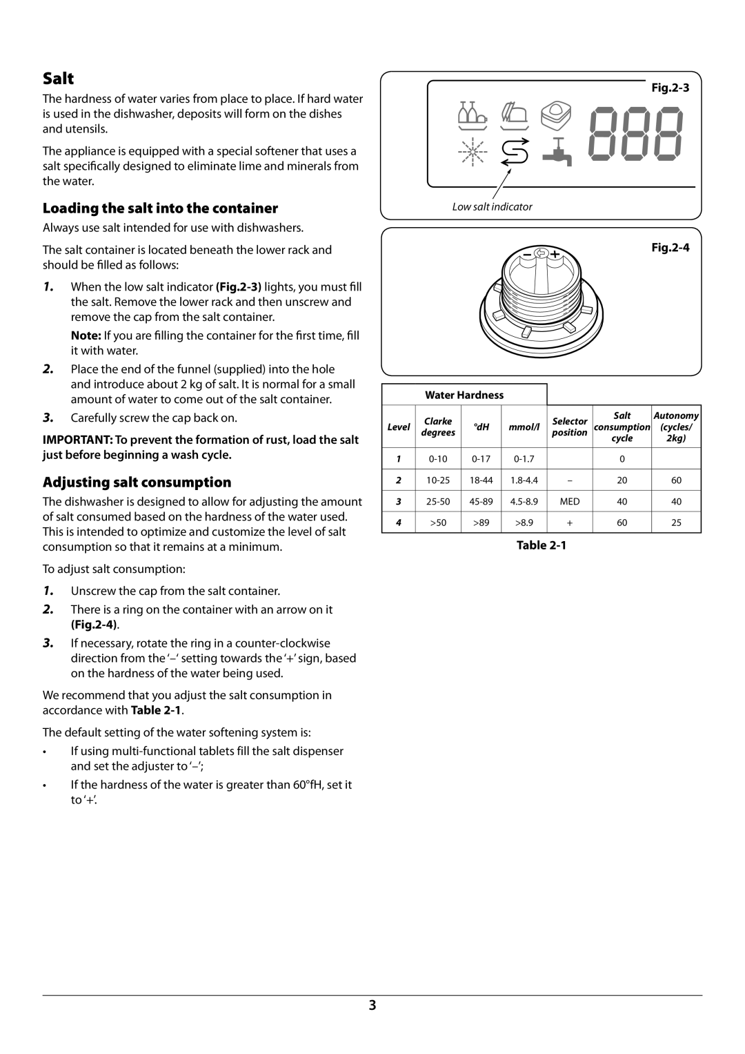 Rangemaster RDW6012FI/SF manual Salt, Loading the salt into the container, Adjusting salt consumption 