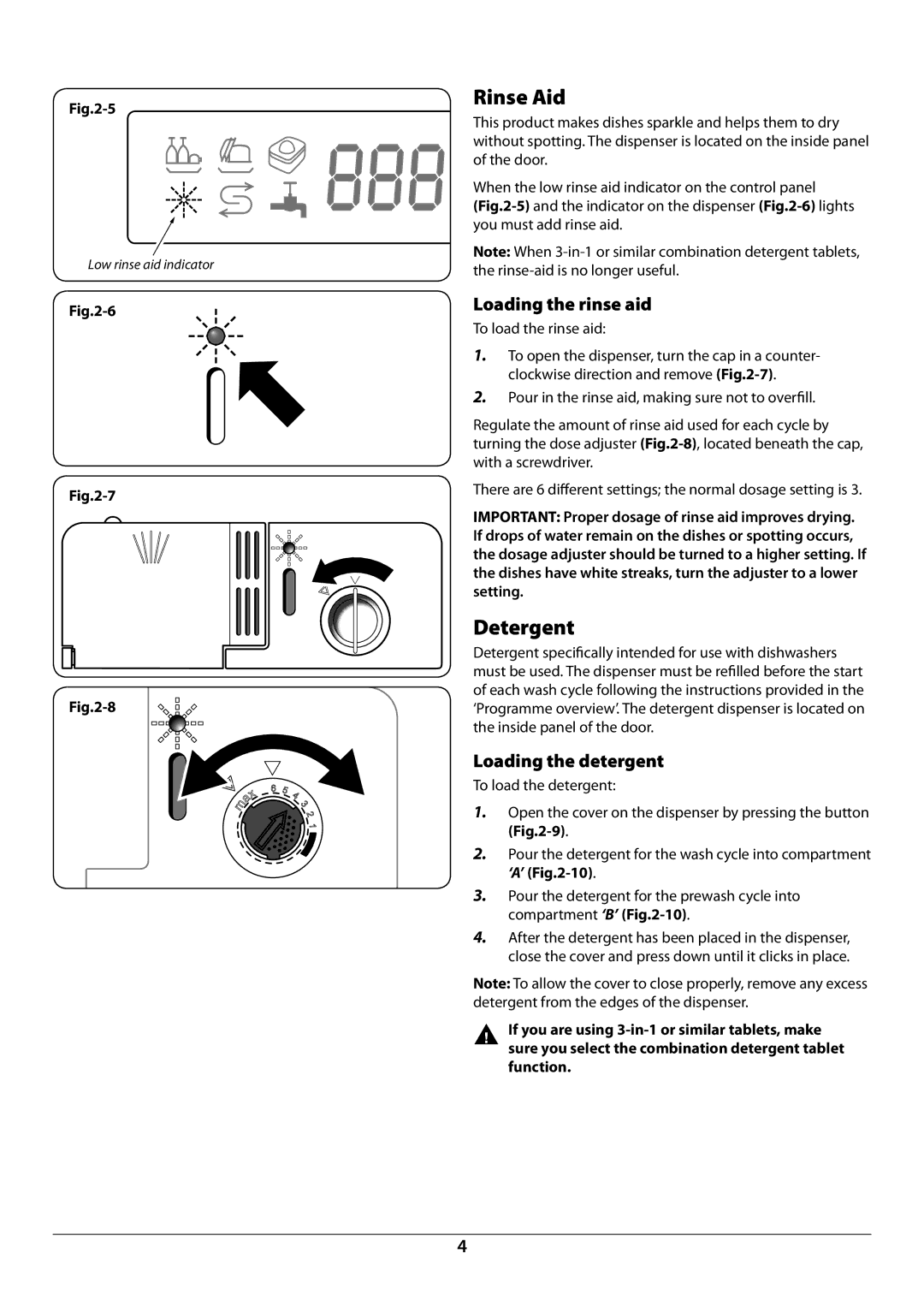 Rangemaster RDW6012FI/SF manual Rinse Aid, Detergent, Loading the rinse aid, Loading the detergent 