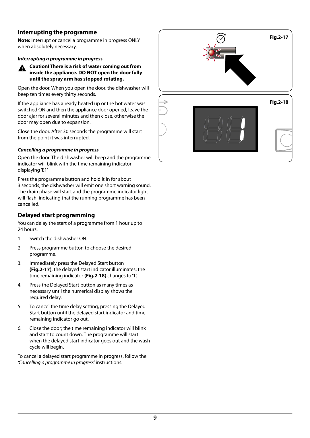 Rangemaster RDW6015FI manual Interrupting the programme, Delayed start programming, Interrupting a programme in progress 