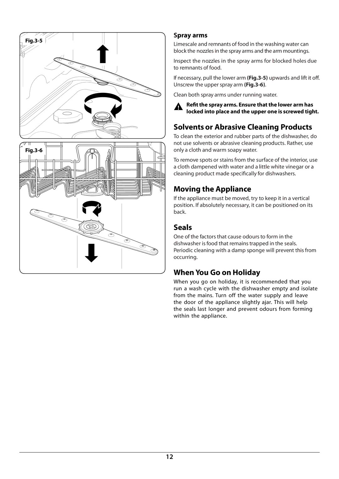 Rangemaster RDW6015FI manual Solvents or Abrasive Cleaning Products, Moving the Appliance, Seals, When You Go on Holiday 