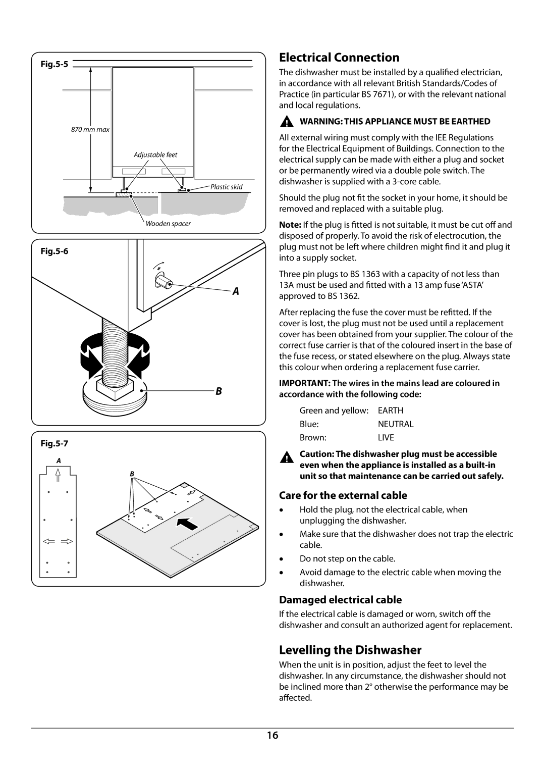 Rangemaster RDW6015FI manual Electrical Connection, Levelling the Dishwasher, Care for the external cable 