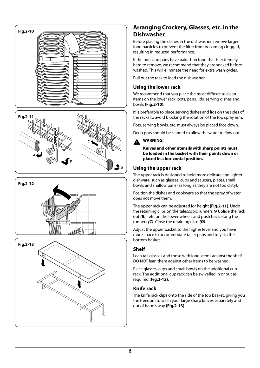 Rangemaster RDW6015FI Arranging Crockery, Glasses, etc. in the Dishwasher, Using the lower rack, Using the upper rack 