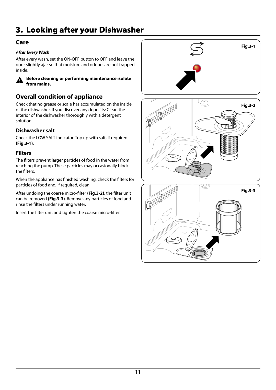 Rangemaster RDW945FI manual Looking after your Dishwasher, Care, Overall condition of appliance, Dishwasher salt, Filters 