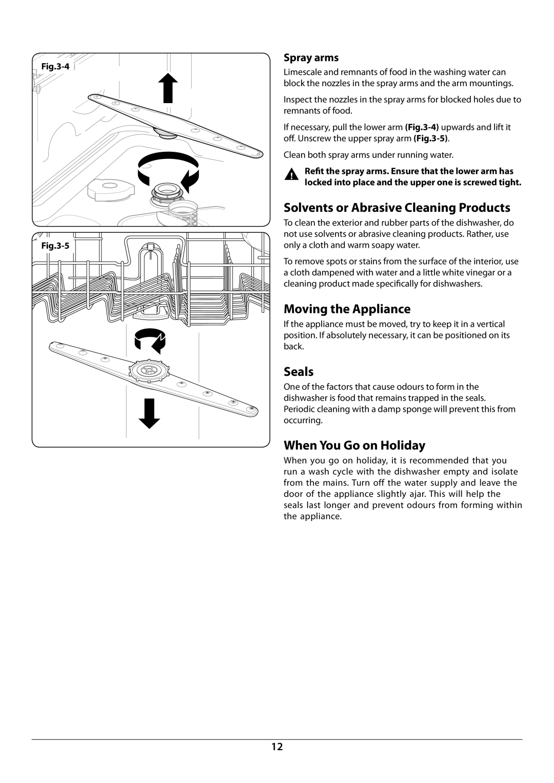 Rangemaster RDW945FI manual Solvents or Abrasive Cleaning Products, Moving the Appliance, Seals, When You Go on Holiday 