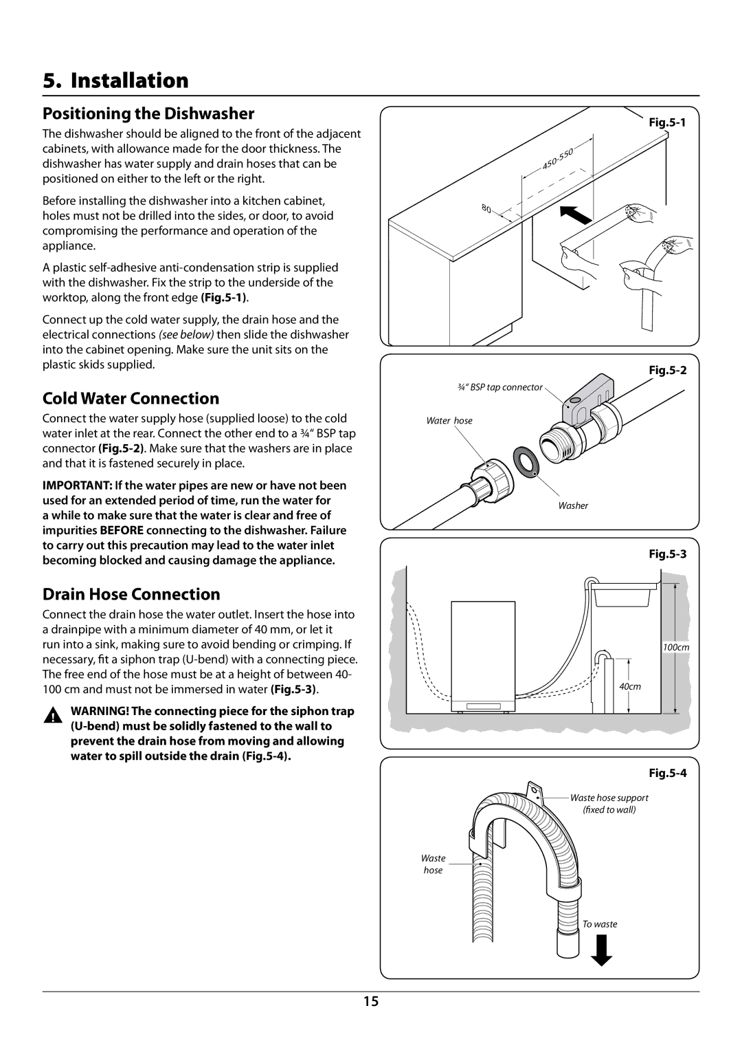 Rangemaster RDW945FI manual Installation, Positioning the Dishwasher, Cold Water Connection, Drain Hose Connection 