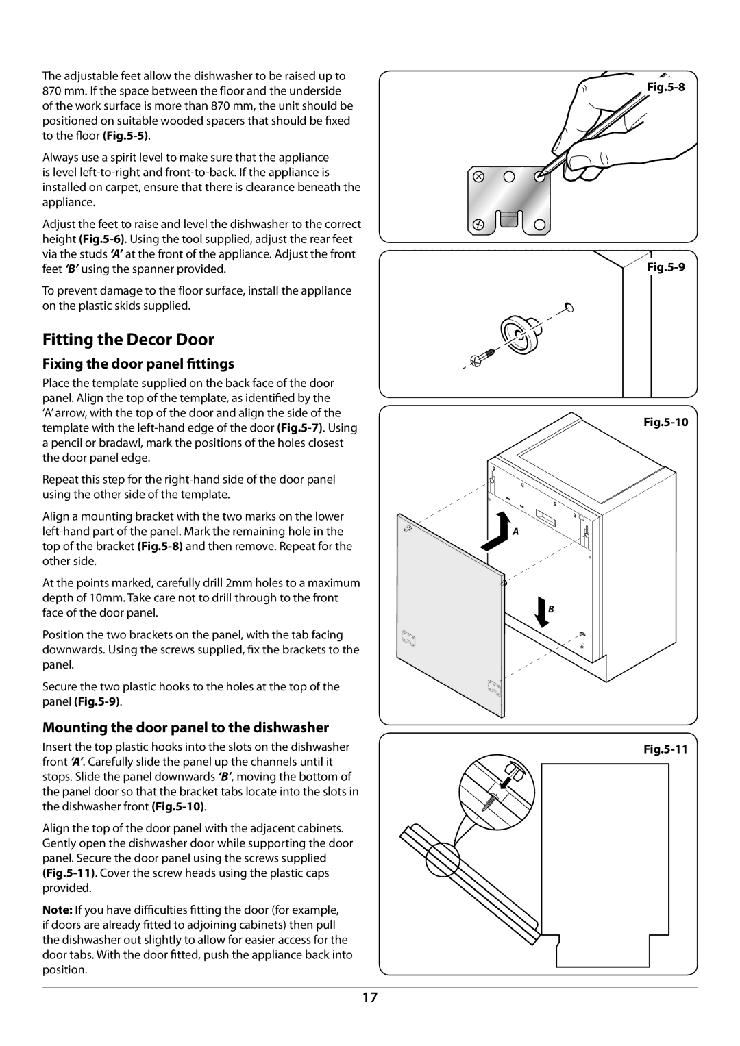 Rangemaster RDW945FI Fitting the Decor Door, Fixing the door panel ﬁttings, Mounting the door panel to the dishwasher 