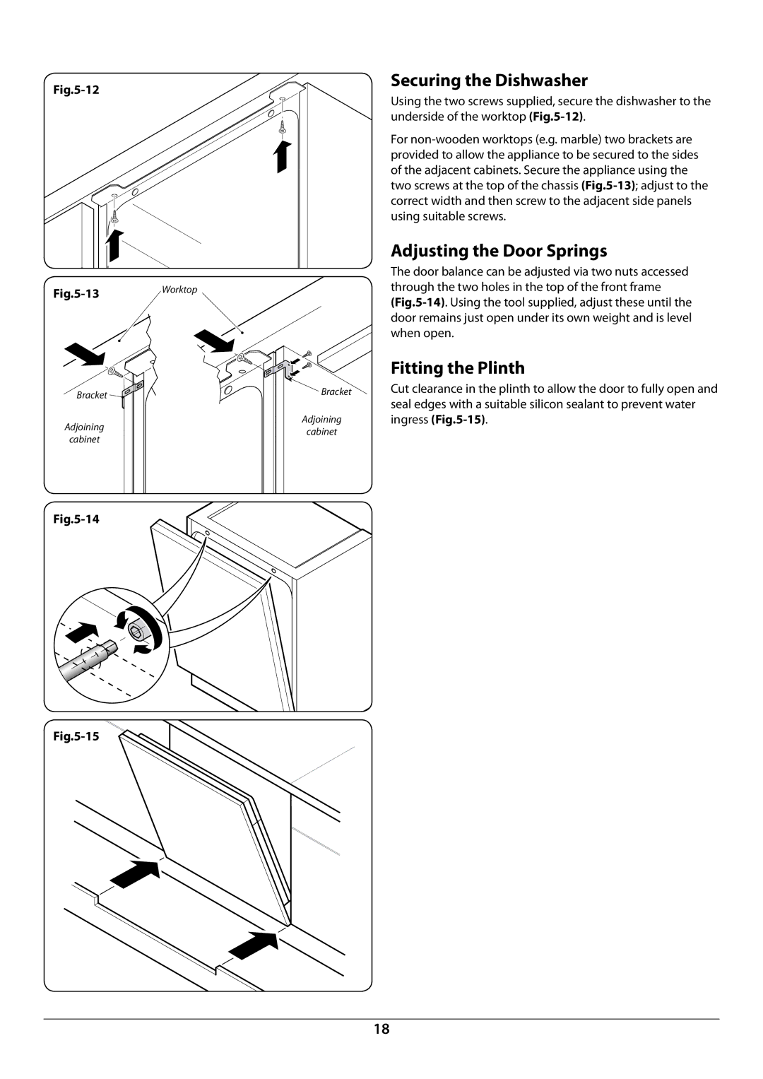 Rangemaster RDW945FI manual Securing the Dishwasher, Adjusting the Door Springs, Fitting the Plinth 