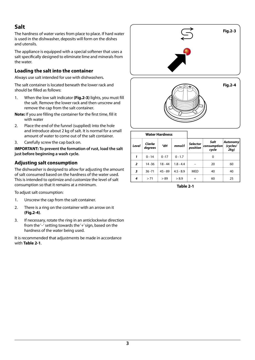 Rangemaster RDW945FI manual Salt, Loading the salt into the container, Adjusting salt consumption 