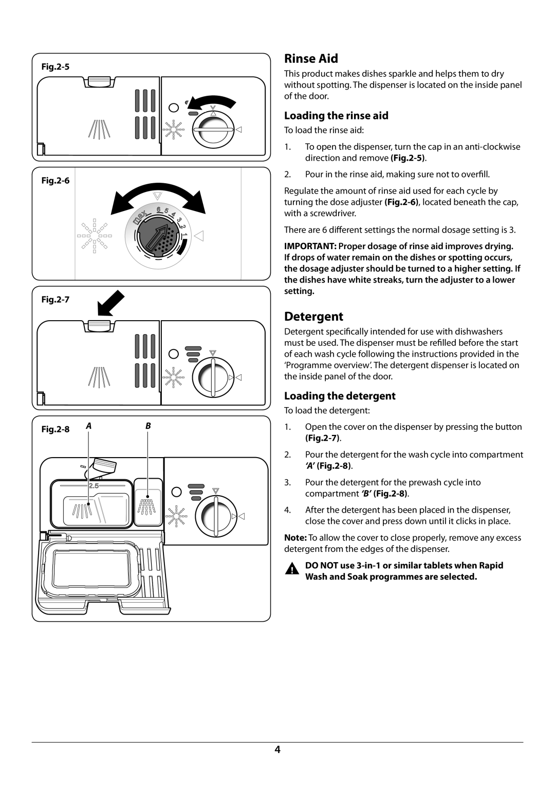 Rangemaster RDW945FI manual Rinse Aid, Detergent, Loading the rinse aid, Loading the detergent 