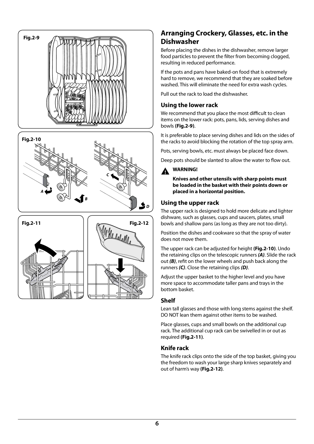 Rangemaster RDW945FI manual Arranging Crockery, Glasses, etc. in the Dishwasher, Using the lower rack, Using the upper rack 