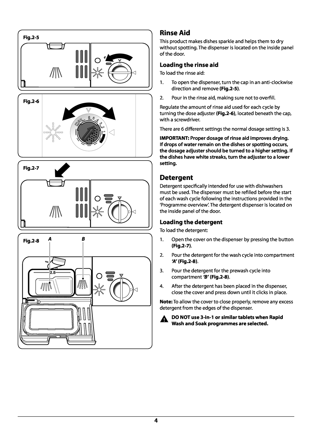 Rangemaster RDW945FI manual Rinse Aid, Detergent, Loading the rinse aid, Loading the detergent 