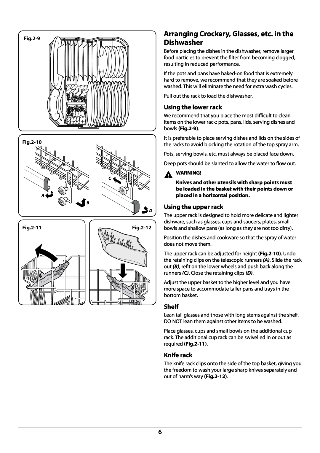 Rangemaster RDW945FI manual Using the lower rack, Using the upper rack, Shelf, Knife rack, Warning 