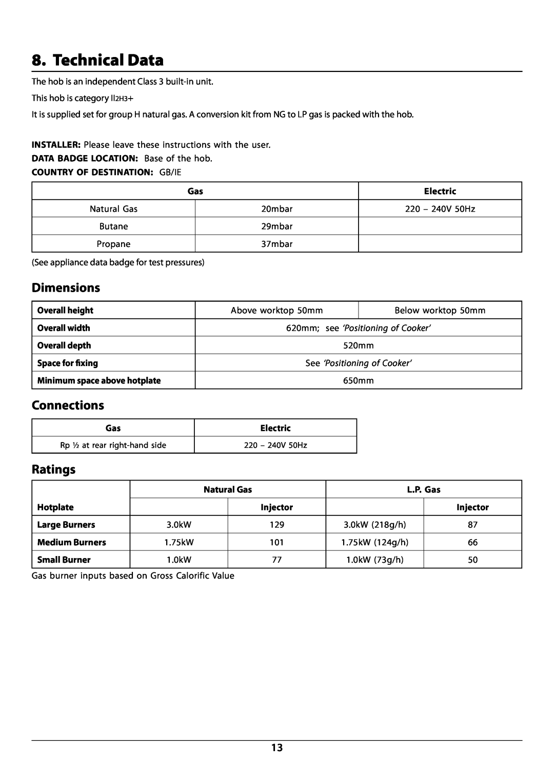 Rangemaster manual Technical Data, Dimensions, Connections, Ratings, DocNo.101-0001 - Technical data RG60 gas, Electric 