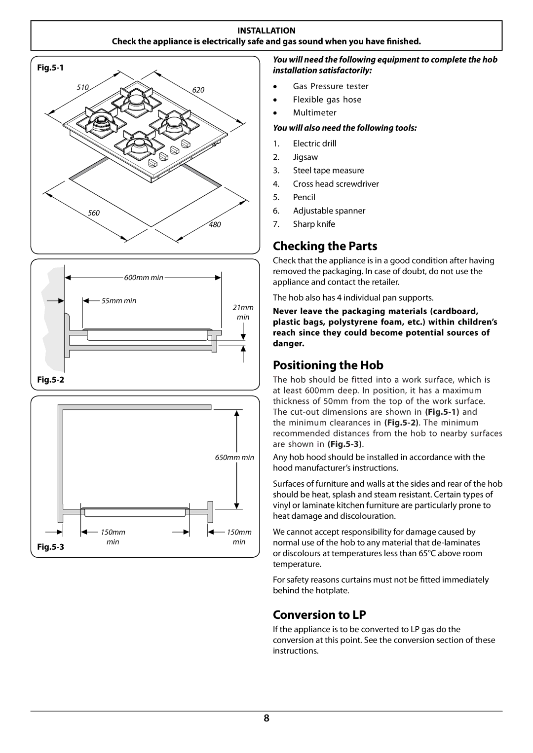 Rangemaster RGG60 manual Checking the Parts, Positioning the Hob, Conversion to LP, You will also need the following tools 