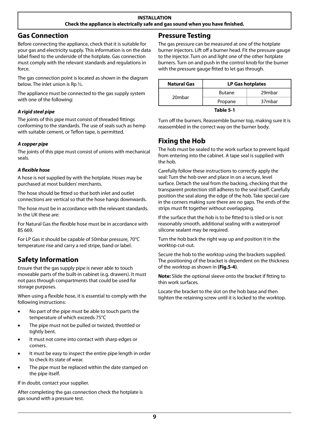 Rangemaster RGG60 manual Gas Connection, Pressure Testing, Safety Information, Fixing the Hob 