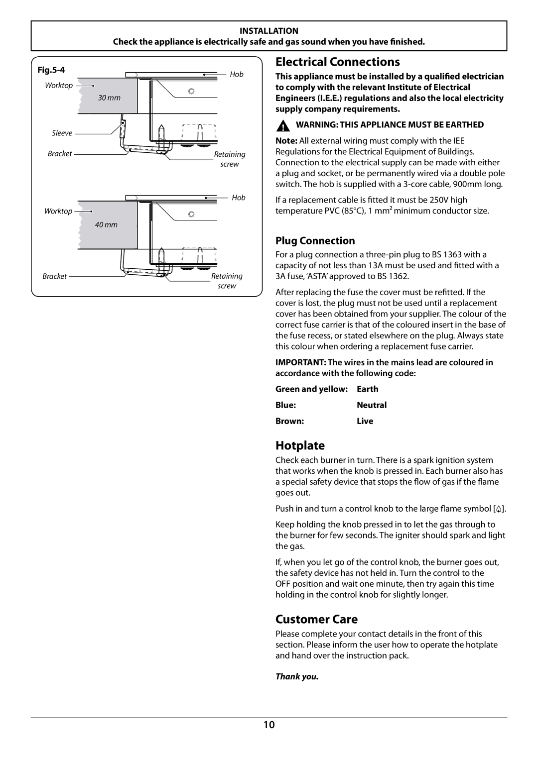 Rangemaster RGG60 manual Electrical Connections, Hotplate, Customer Care, Thank you 