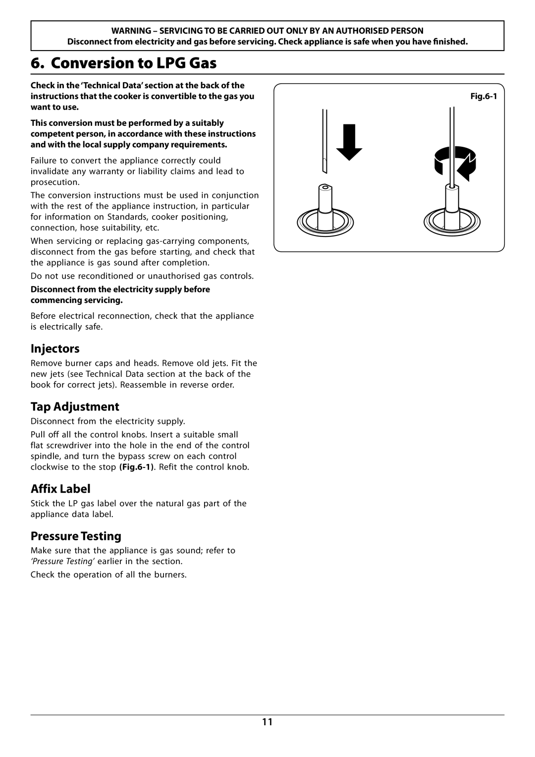 Rangemaster RGG60 manual Conversion to LPG Gas, Injectors, Tap Adjustment, Affix Label 