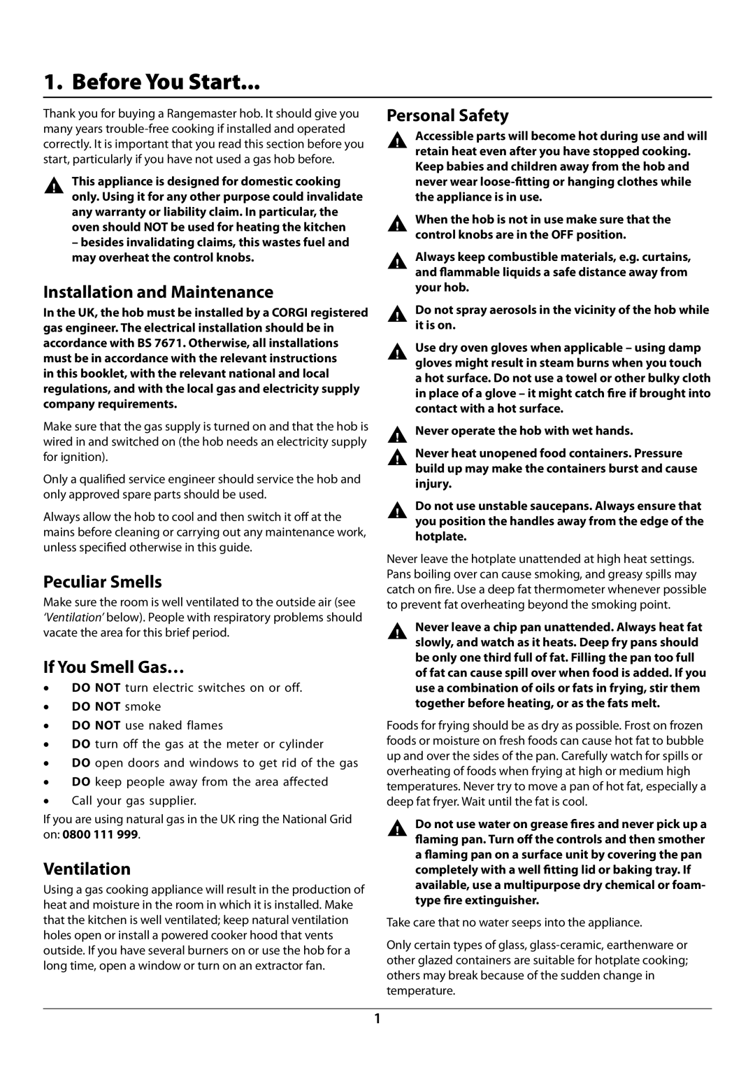 Rangemaster RGG60 manual Before You Start 