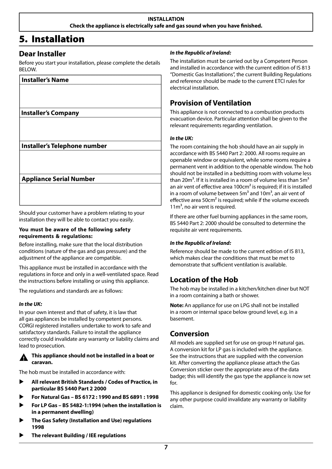 Rangemaster RGG60 manual Provision of Ventilation, Location of the Hob, Conversion, Republic of Ireland 