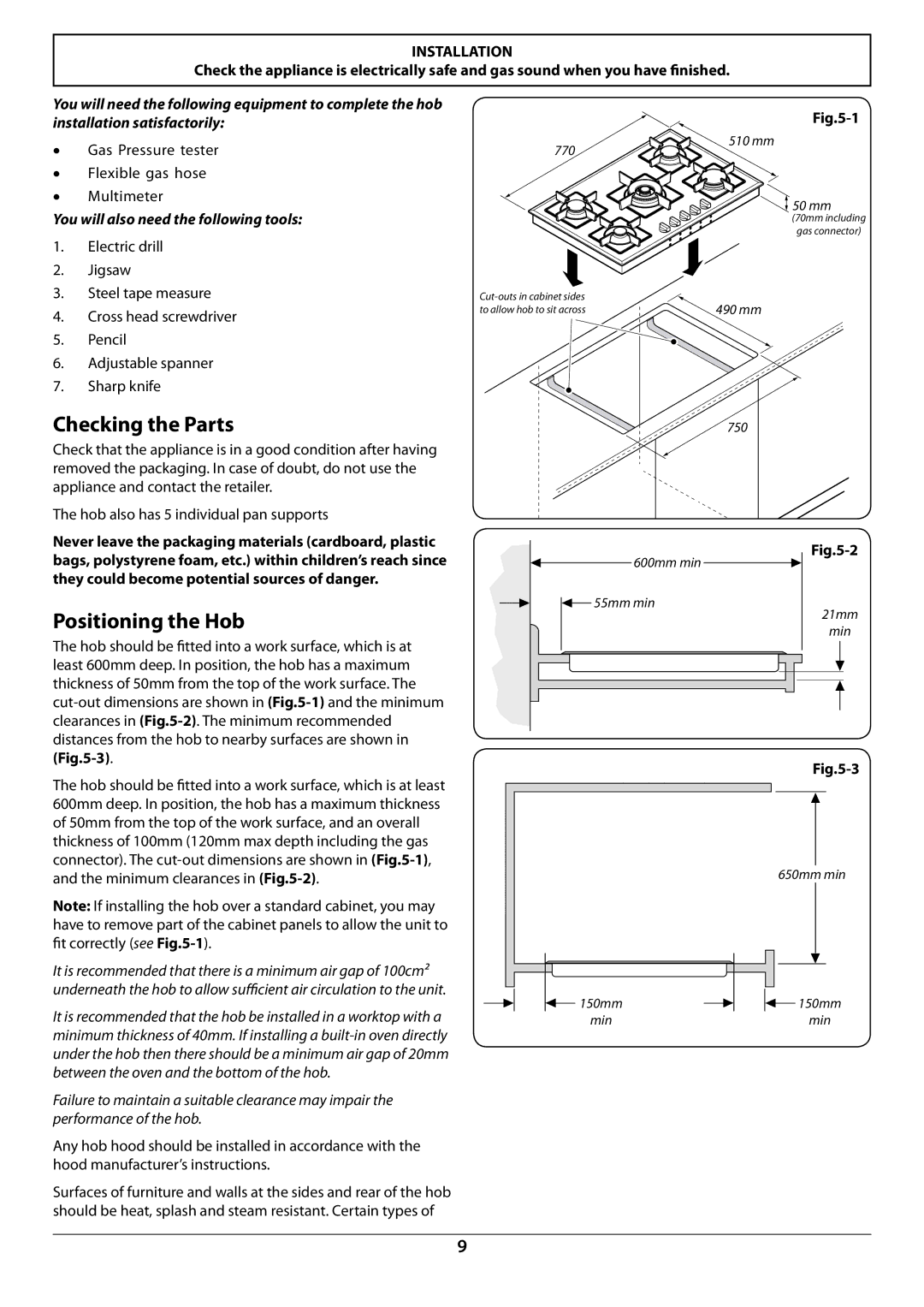 Rangemaster RGG77 manual Checking the Parts, Positioning the Hob, You will also need the following tools 