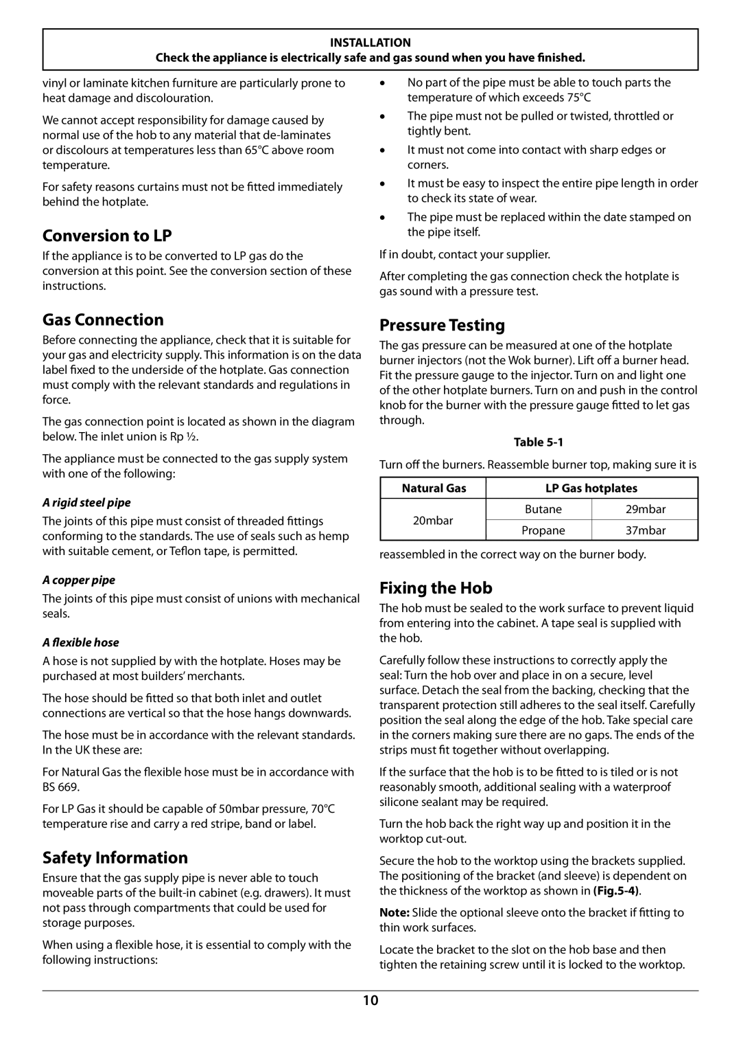 Rangemaster RGG77 manual Conversion to LP, Gas Connection, Pressure Testing, Safety Information, Fixing the Hob 