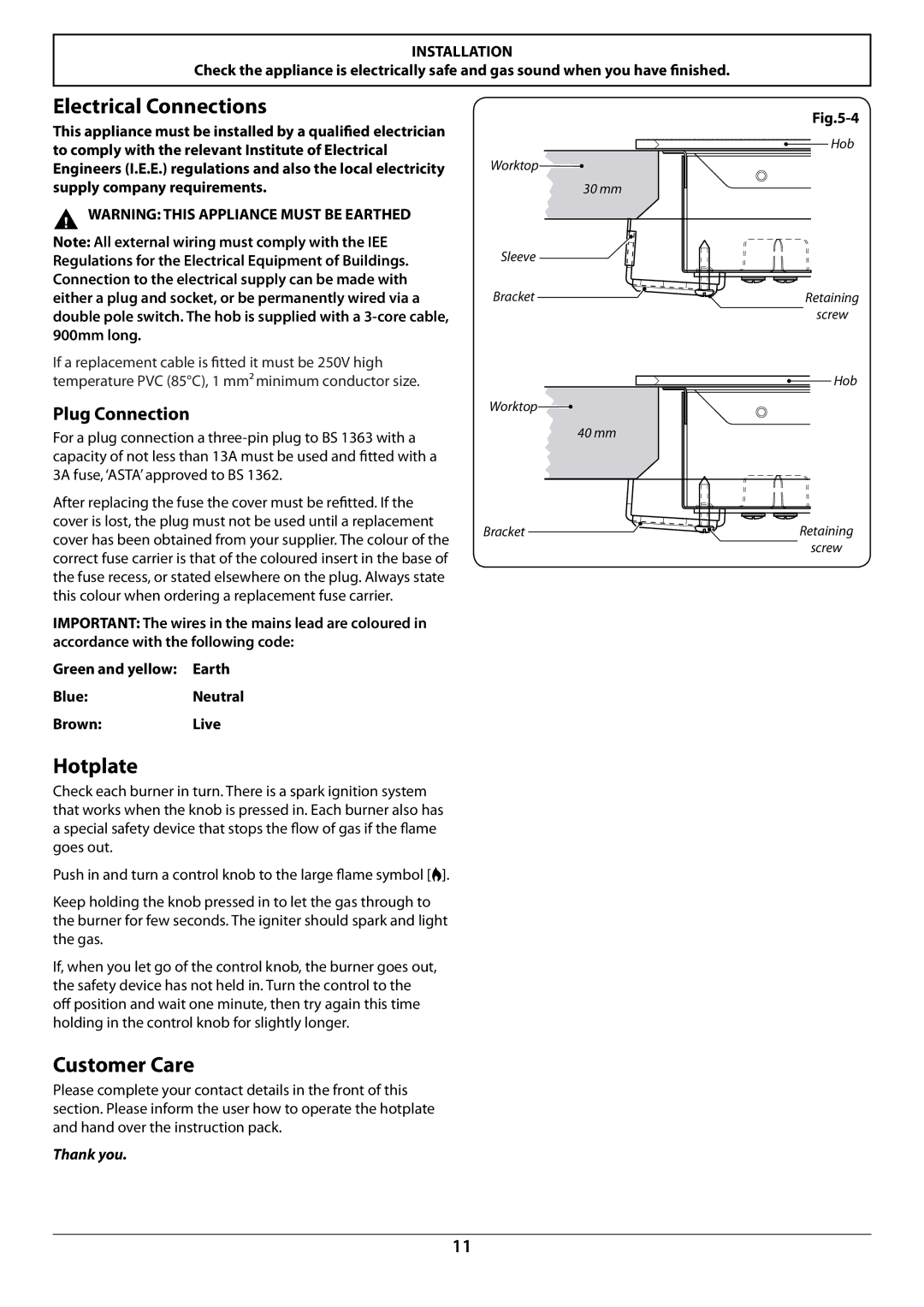 Rangemaster RGG77 manual Electrical Connections, Hotplate, Customer Care, Thank you 