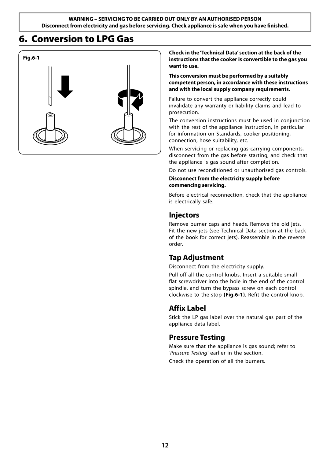 Rangemaster RGG77 manual Conversion to LPG Gas, Injectors, Tap Adjustment, Affix Label 