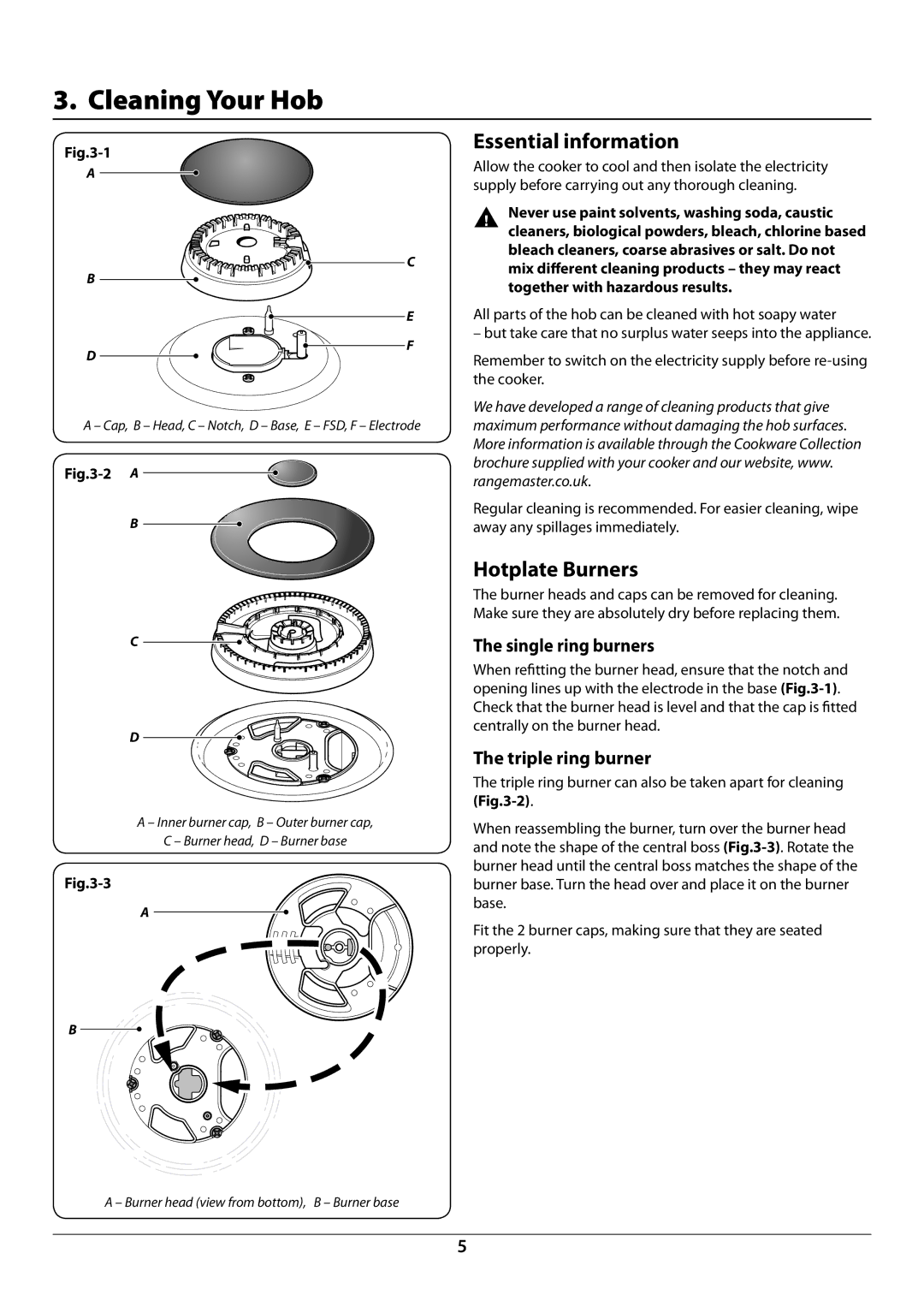 Rangemaster RGG77 manual Cleaning Your Hob, Essential information, Hotplate Burners 