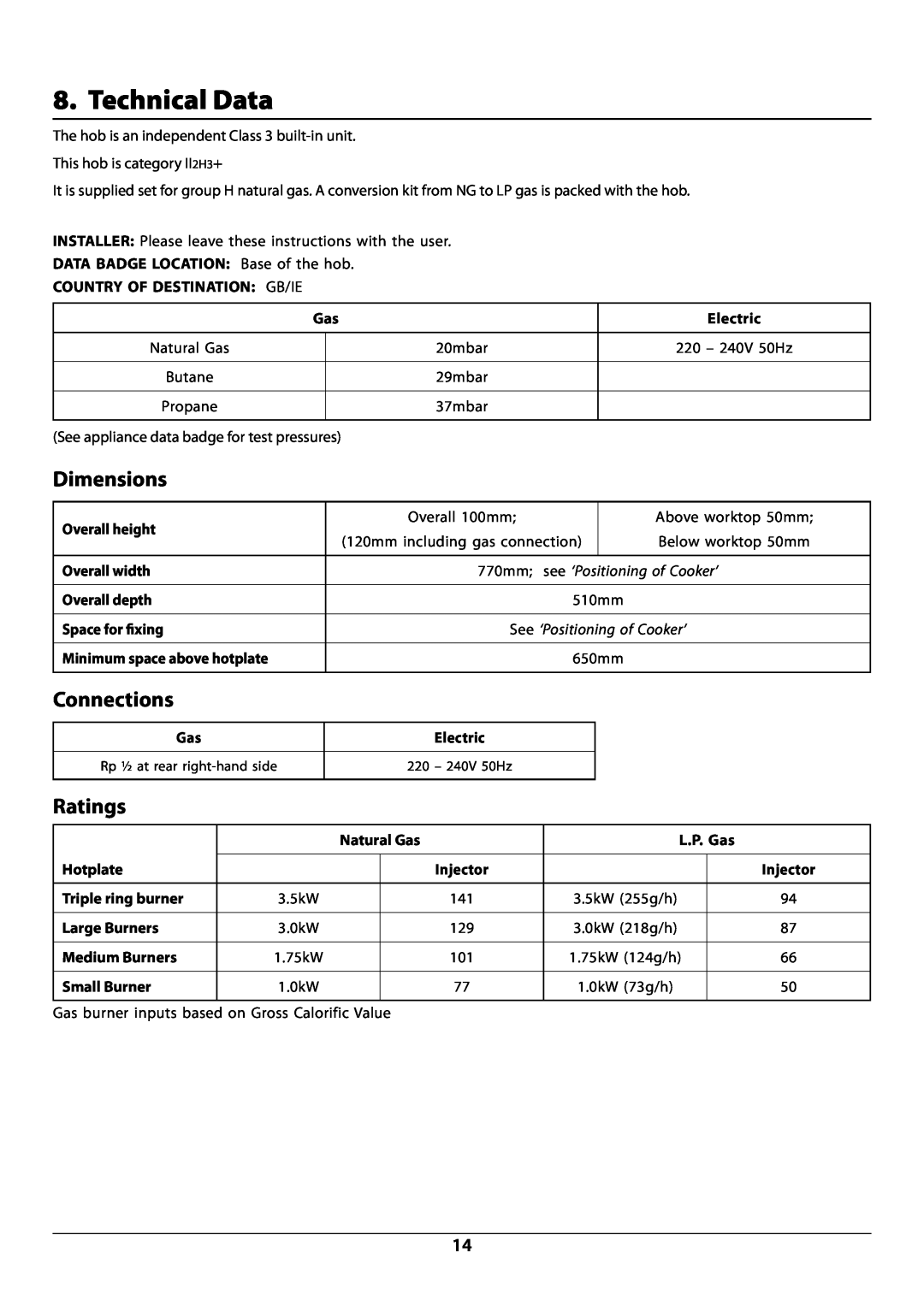 Rangemaster manual Technical Data, Dimensions, Connections, Ratings, DocNo.101-0004 - Technical data RGG77 gas, Electric 
