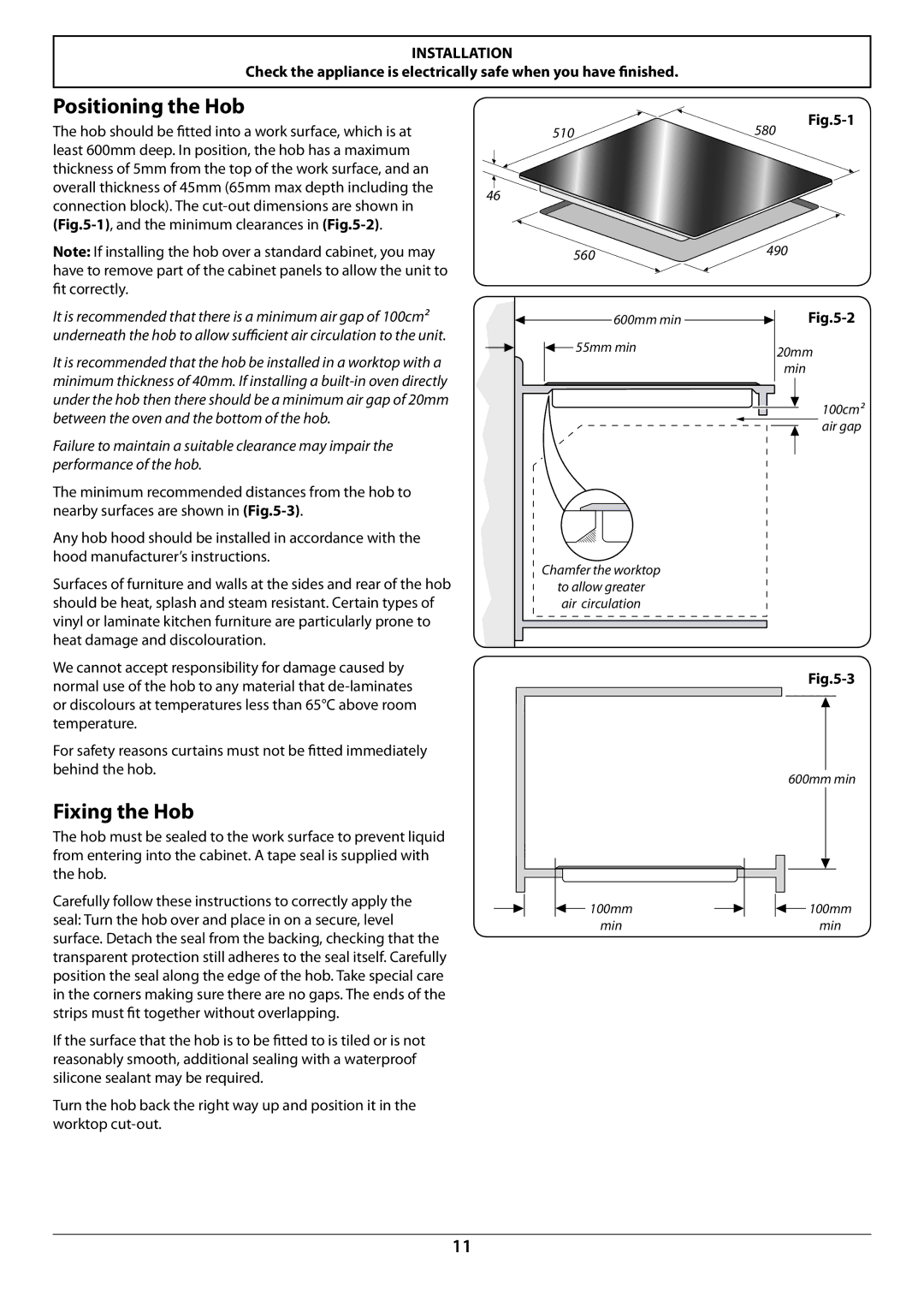 Rangemaster RI60 manual Positioning the Hob, Fixing the Hob 