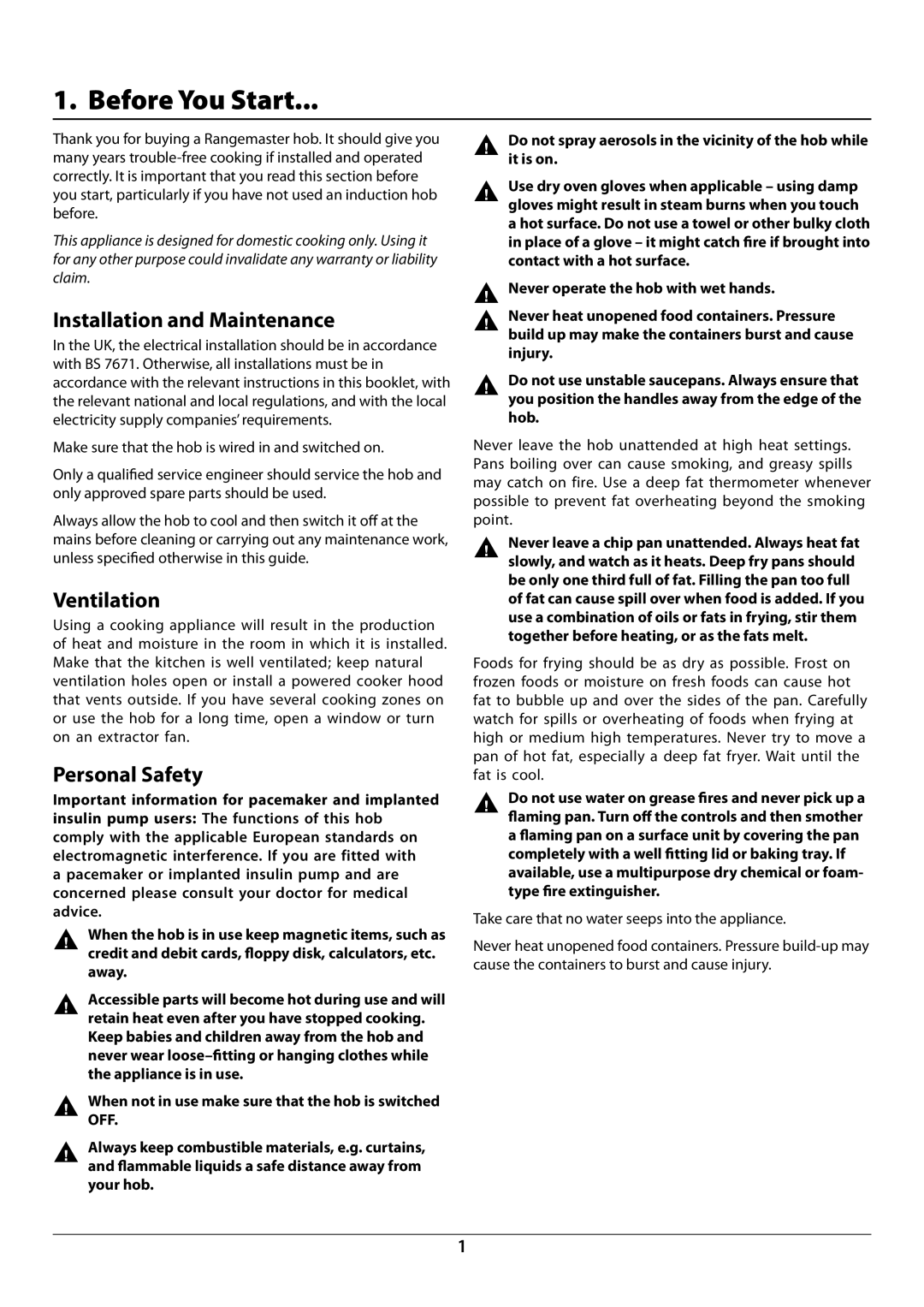 Rangemaster RI60 manual Before You Start, Installation and Maintenance, Ventilation, Personal Safety 