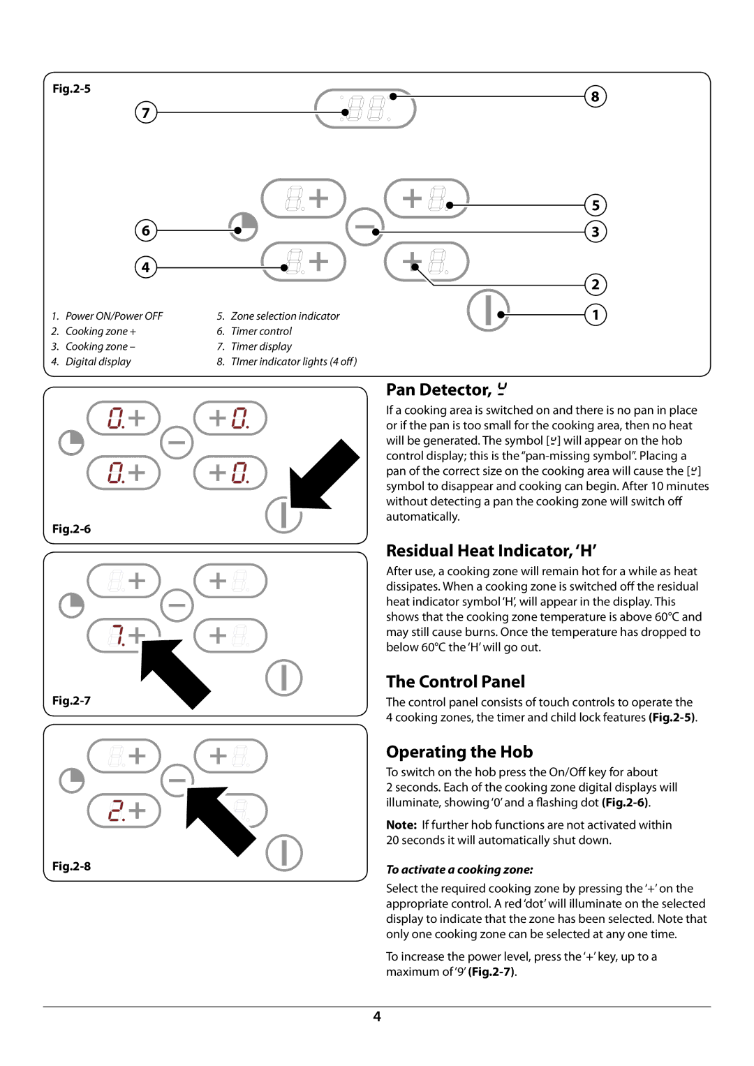 Rangemaster RI60 Pan Detector, Residual Heat Indicator, ‘H’, Control Panel, Operating the Hob, To activate a cooking zone 