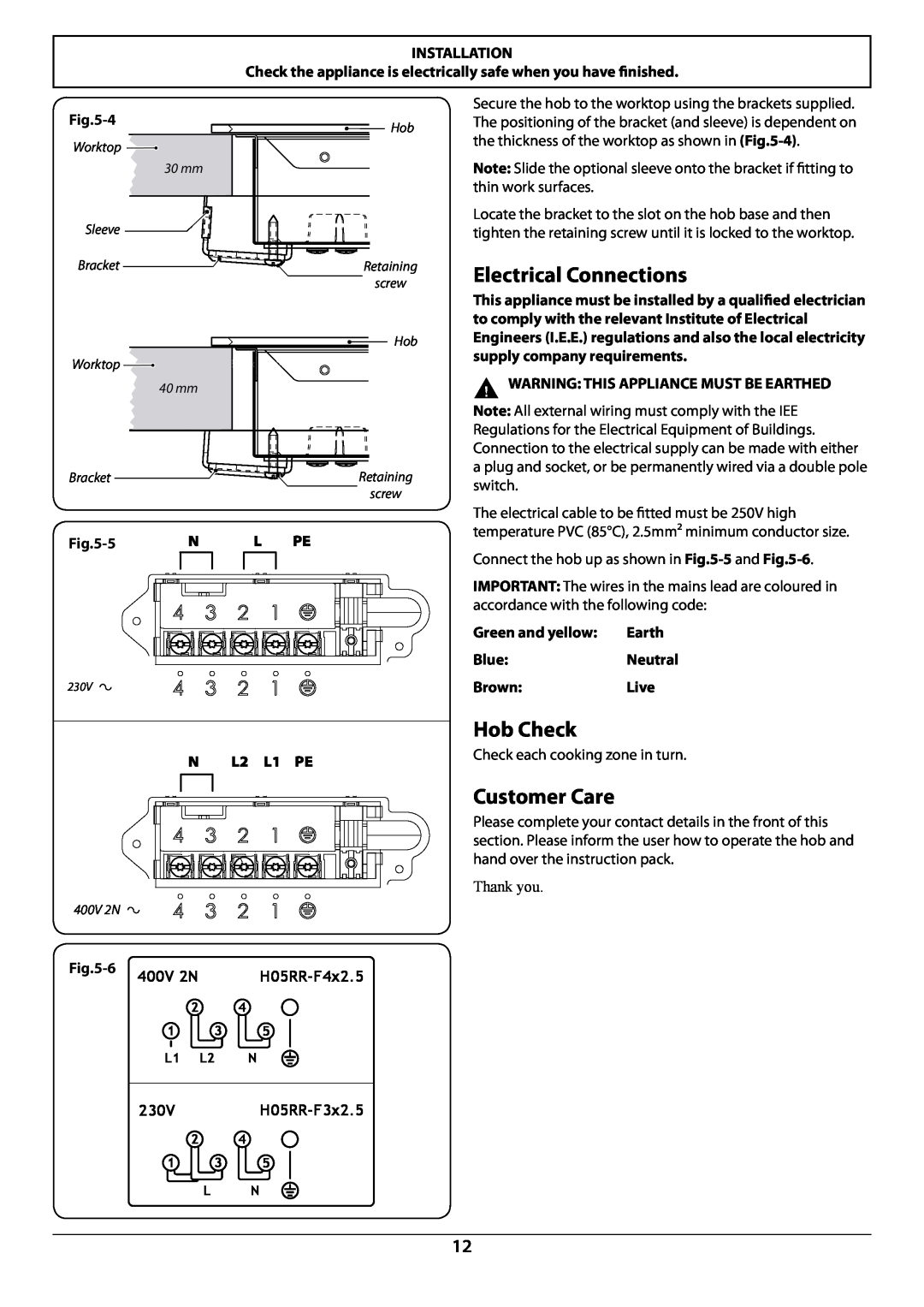 Rangemaster RI60 manual Hob Check, Customer Care, Electrical Connections, H05RR-F4x2.5, 230V H05RR-F3x2.5 