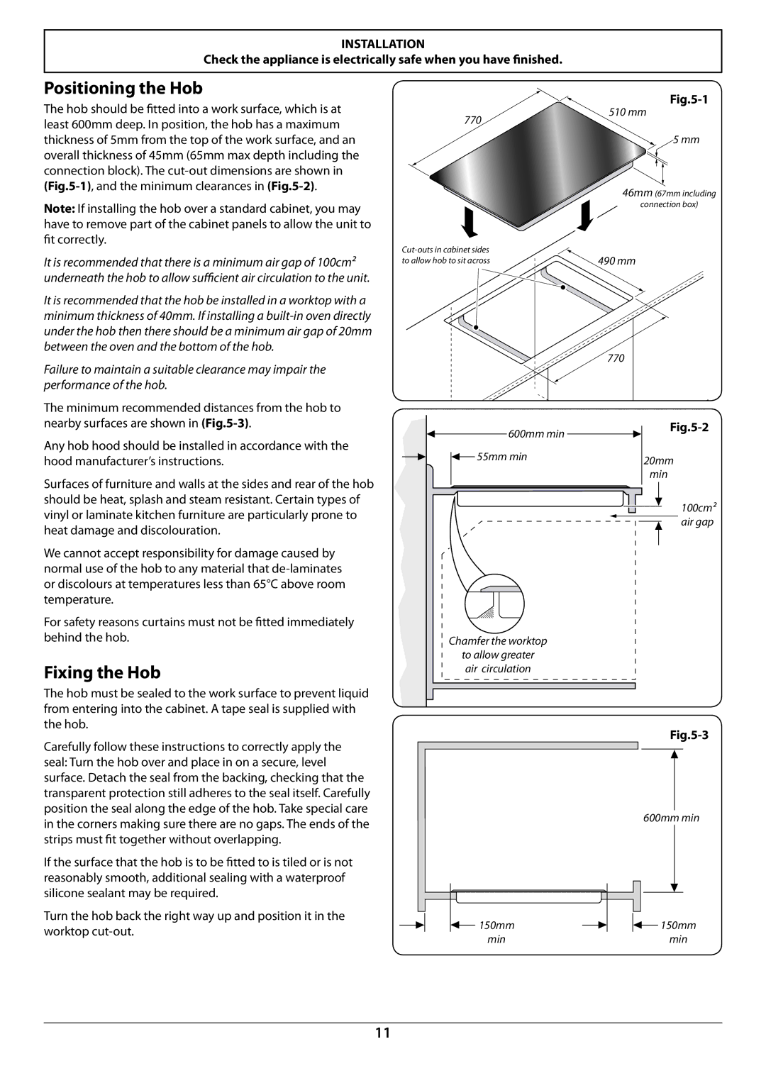 Rangemaster RI77 manual Positioning the Hob, Fixing the Hob 