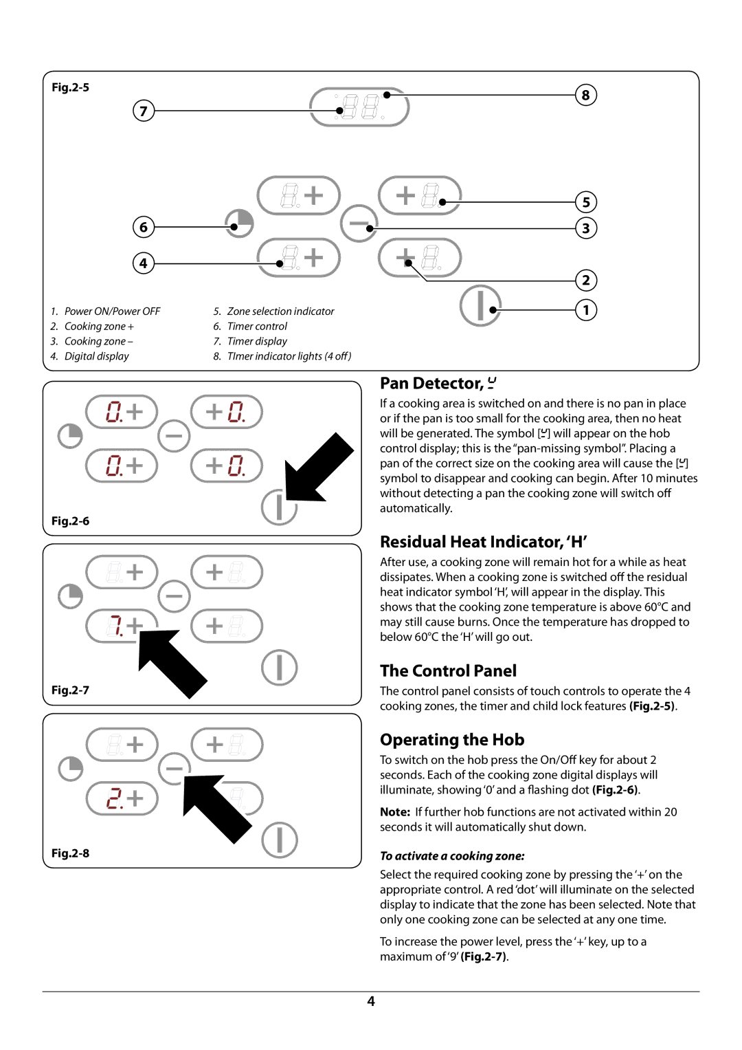 Rangemaster RI77 Pan Detector, Residual Heat Indicator, ‘H’, Control Panel, Operating the Hob, To activate a cooking zone 