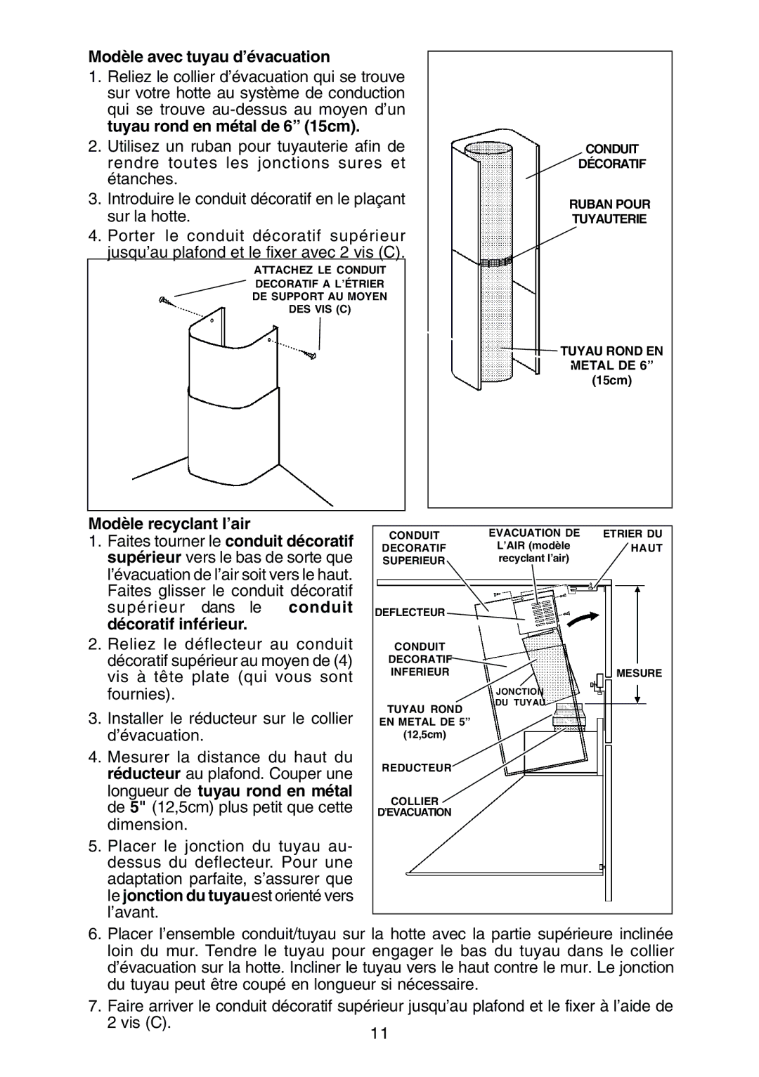 Rangemaster RM50000 Series manual Modèle avec tuyau d’évacuation, Modèle recyclant l’air, Décoratif inférieur 