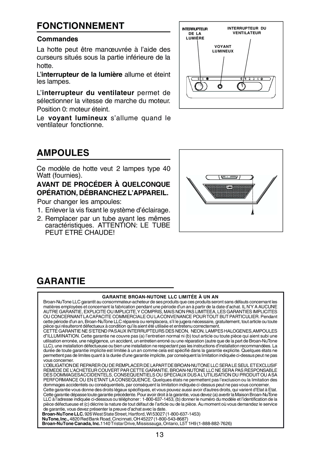 Rangemaster RM50000 Series manual Fonctionnement, Ampoules, Garantie, Commandes 