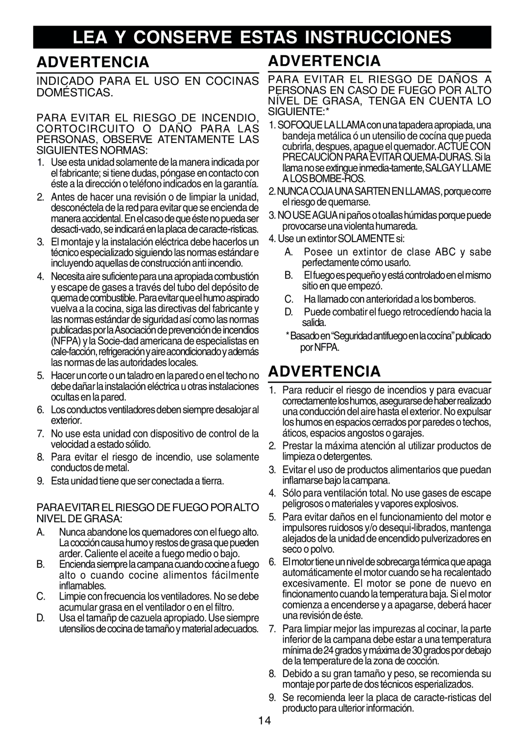 Rangemaster RM50000 Series manual Advertencia, Indicado Para EL USO EN Cocinas Domésticas 