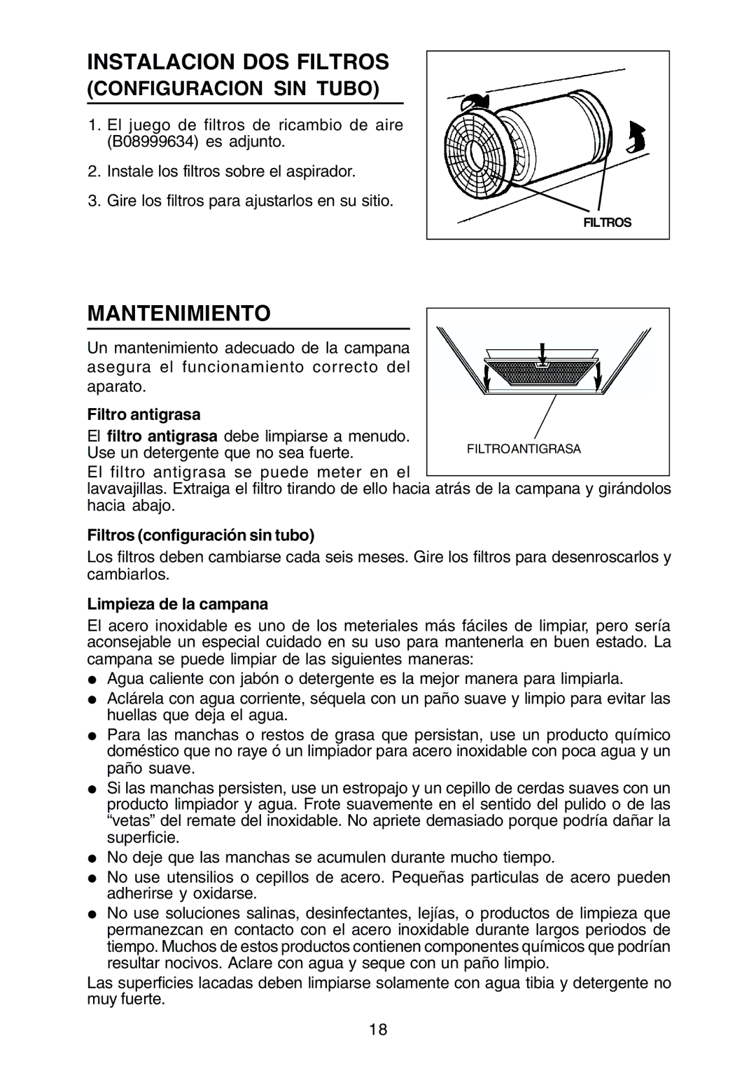 Rangemaster RM50000 Series manual Instalacion DOS Filtros, Mantenimiento, Filtro antigrasa, Filtros configuración sin tubo 