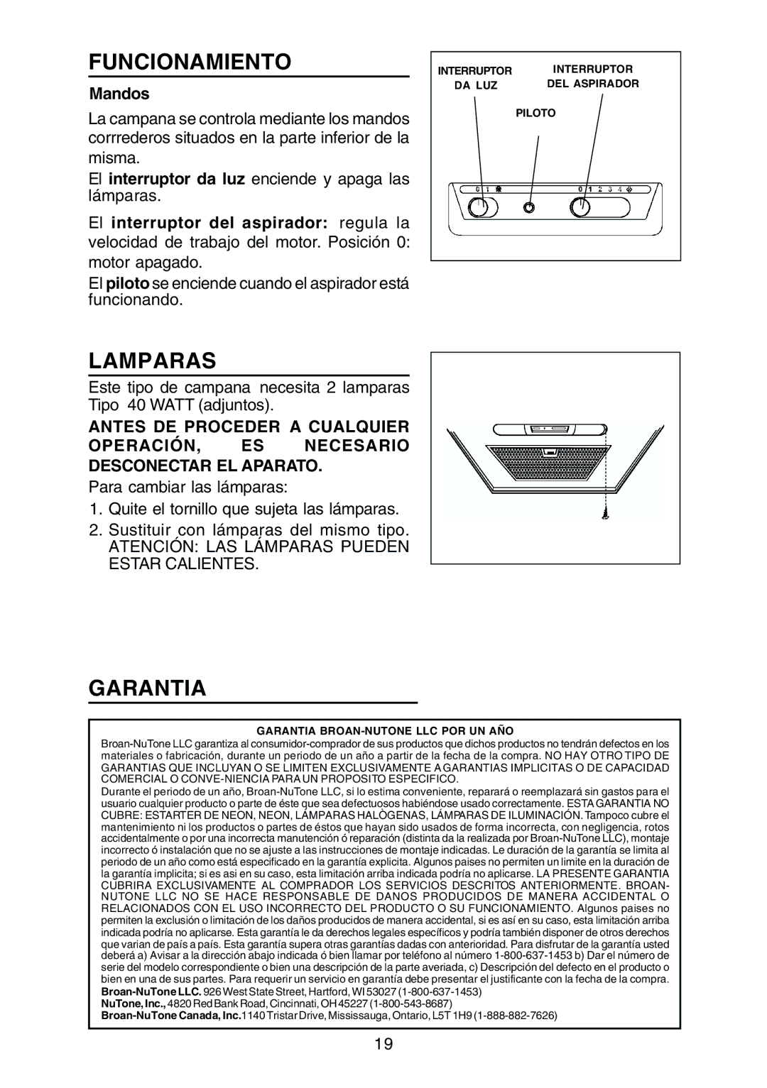 Rangemaster RM50000 Series manual Funcionamiento, Lamparas, Garantia, Mandos, El interruptor del aspirador regula la 